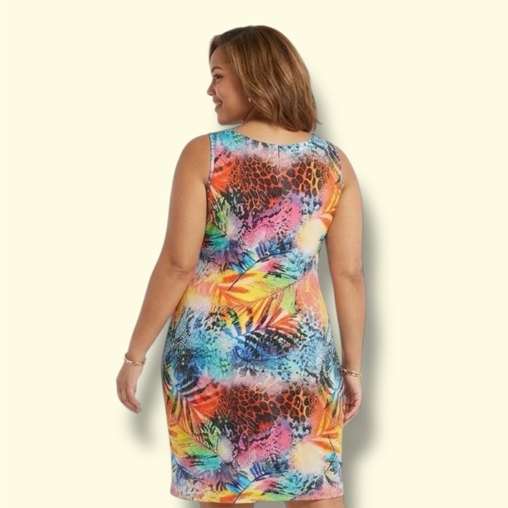 Plus-Size Multicolor Tropical Print Swim One-Piece Cover Dress - Picture 2 of 6